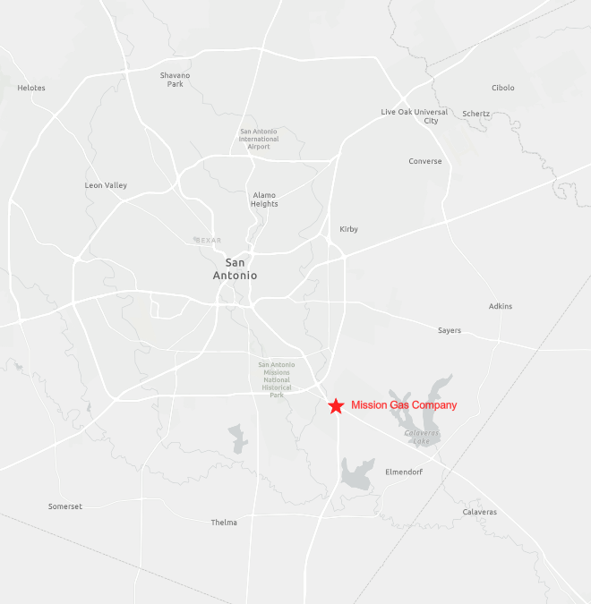 Map of San Antonio with a star indicating the location of Mission Gas office.